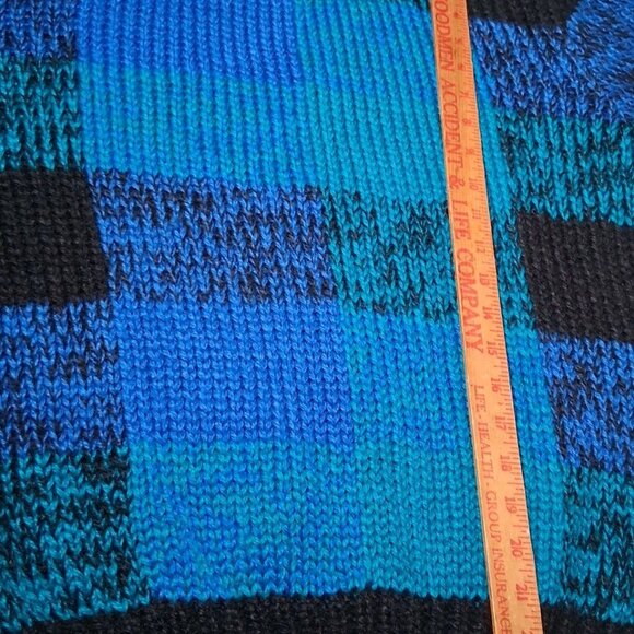Vintage Extra Touch Hand Knit Sweater Women Size 40 Blue Black Plaid Striped - Picture 3 of 14